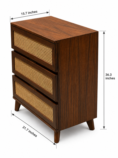 Milan Cane 3-Drawer Chest – Handcrafted Walnut Finish