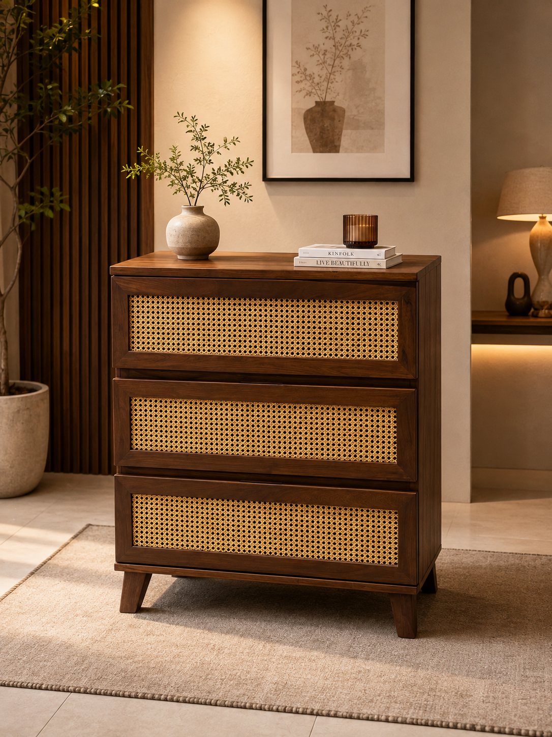 Milan Cane 3-Drawer Chest – Handcrafted Walnut Finish